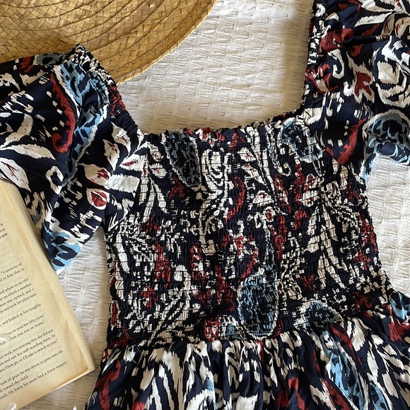 Cute printed off shoulder short dress with smocking - Picture 2 of 5